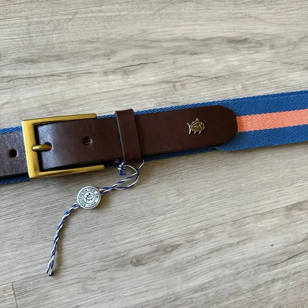 Southern Tide Blue & Orange Striped Woven Cotton Fabric Belt Dark Brown Leather